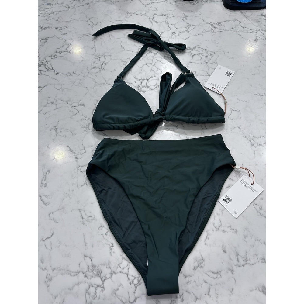 NWT Quince Palm Green Full Coverage Ring Triangle Bikini Top & High Rise Bottom